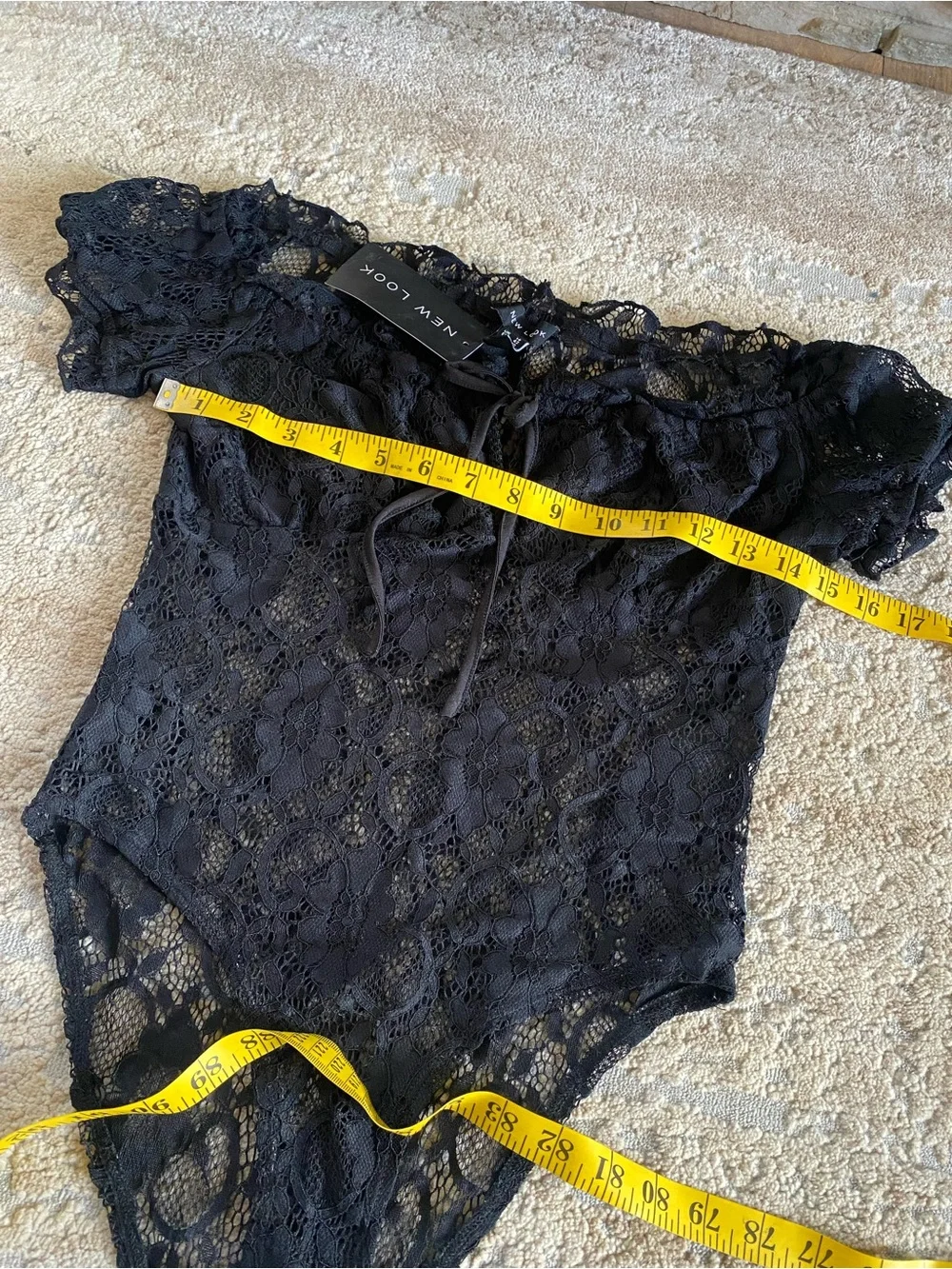 New Look NWT Black Sheer Lace Off-Shoulder Bodysuit Short Sleeve: 10